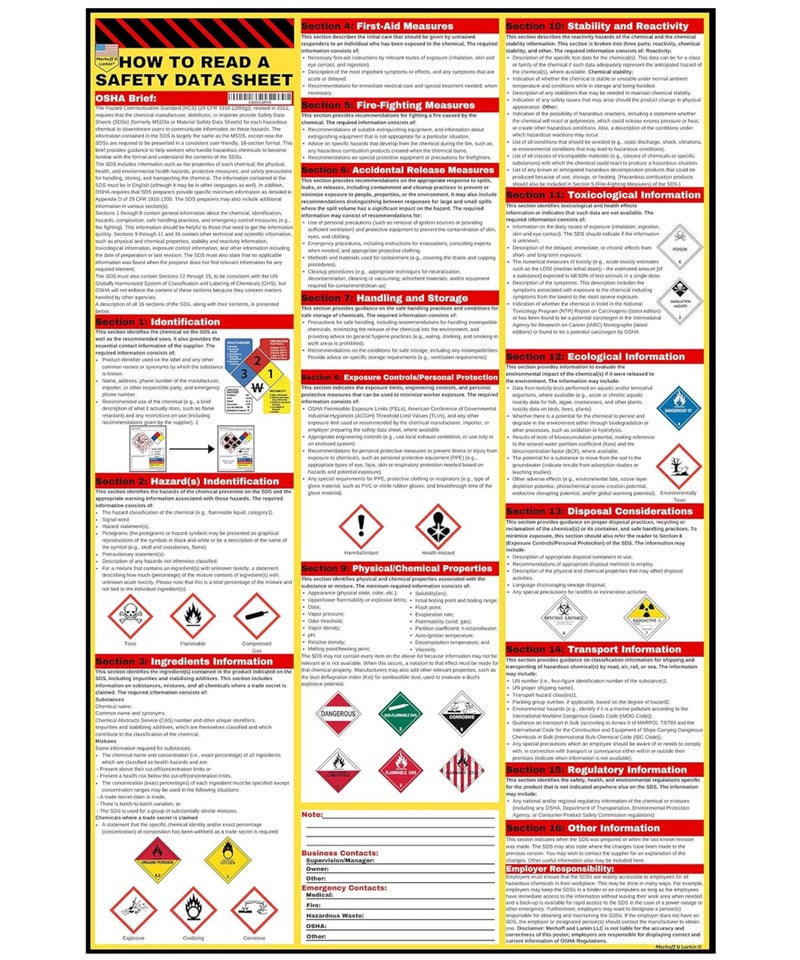 Merhoff & Larkin How to Read A Safety Data Sheet (SDS/MSDS) Poster | English & Spanish 2026 | 36 x 24 Inch | UV Coated Paper Sign | OSHA, HMIS, Hazard Compliance Center | Display Instructions Chemical Labels (English) - Image 1